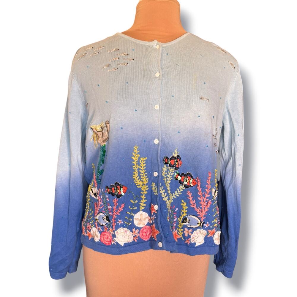 Vintage Marisa Christina Under The Sea Blue Embellished Mermaid Cardigan Large